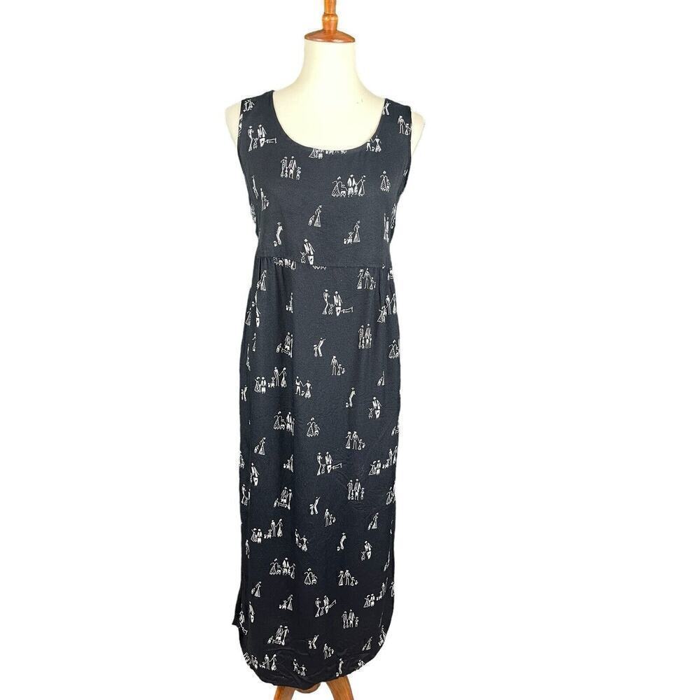 Dan Howard Black Maxi Dress Women Size Small Vintage Stick Family Print Tie Back - Picture 4 of 12